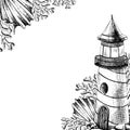 Sea lighthouse with corals and seashells. Illustration of hand drawn graphics, vector in EPS format. Template on white