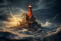 Sea lighthouse in the middle of water in stormy weather. Generate ai