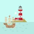 Sea with lighthouse on rock stones island. ship on water. Nature or marine design. Flat style. Vector sky background. Royalty Free Stock Photo