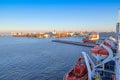 Sea liner moored to the port of St. Petersburg, view from the upper deck to the passenger port railway station Royalty Free Stock Photo