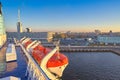 Sea liner moored to the port of St. Petersburg, view from the upper deck to the passenger port railway station Royalty Free Stock Photo