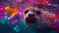 Sea lion amidst ocean plastic pollution highlighting environmental conservation Royalty Free Stock Photo