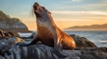 A sea lion striking a playful pose on a rock. AI Generative