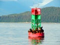 Sea lions resting on an ocean buoy