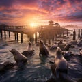 Sea lions and seals on the pier in Monterey, California Made With Generative AI illustration