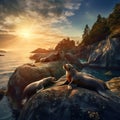 Ai Generated illustration Wildlife Concept of of sea lions sunning