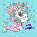 Sea magic text. Cute unicorn mermaid. Vector Royalty Free Stock Photo