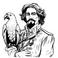 Sea man or pirate with a parrot on his shoulder. Coloring page clipart character. Vector illustration.