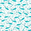 Sea marina pattern, silhuette of dolphins, seashells, seaweeds, fishes, seasters, corals