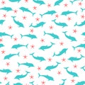 Sea marina pattern, silhuette of dolphins and seastars