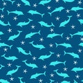 Sea marina pattern, silhuette of dolphins and seastars