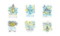 Sea and Marine Club Label Design with Lighthouse, Sailing Yacht and Anchor Vector Set