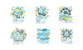 Sea and Marine Club Label Design with Lighthouse, Sailing Yacht and Steering Wheel Vector Set