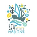 Sea, Marine logo design, summer travel and sport hand drawn colorful vector Illustration Royalty Free Stock Photo