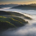 Sea of mist over the mountains in the morning. AI-Generated.