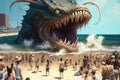 a sea monster bursting out of the ocean, its gigantic body towering over a beach full of terrified beachgoers.