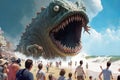 a sea monster bursting out of the ocean, its gigantic body towering over a beach full of terrified beachgoers.
