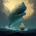 A sea monster chasing small ship in an ocean. Generative AI