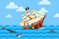 Sea monster drowns ships in bottles, ocean vector illustration. Creature s long tentacles carry pirate sailing ship