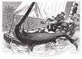 Sea Monster with Fisherman in boat illustration