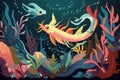 sea monster swimming through mysterious underwater world, surrounded by vibrant fish and coral Royalty Free Stock Photo