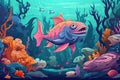 sea monster swimming through mysterious underwater world, surrounded by vibrant fish and coral Royalty Free Stock Photo