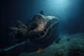 sea monster, swimming past sunken shipwreck, with treasure visible on the seabed