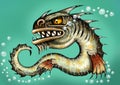 Sea monster water dragon fish mutant. Scary deep demon. Color illustration. Royalty Free Stock Photo