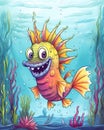 Ugly but cute cartoon sea monster, water color childrens illustration in bright colors