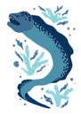 Sea moray eel cartoon character. Terrible fish with long tail and spots on the back, an open mouth. Moray eel swims in water with Royalty Free Stock Photo