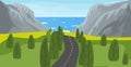 Sea, mountain and road landscape vector illustration. Nature background. Highway to the ocean. Royalty Free Stock Photo