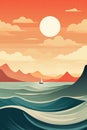 Sea, mountains, hills, sun, moon landscape, Paper cut style, Flat abstract design illustration Royalty Free Stock Photo