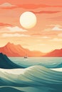 Sea, mountains, hills, sun, moon landscape, Paper cut style, Flat abstract design illustration Royalty Free Stock Photo