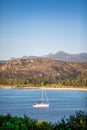 Sea and mountains with sailing boat. Mediterranean sea.