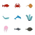 Sea nature icons set, flat style Royalty Free Stock Photo