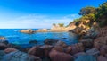 Sea nature landscape in Lloret de Mar, Spain. Amazing view on sea coast with rocks on beach. Mediterranean sea bay in Costa Brava