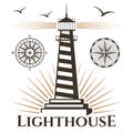 Sea nautical lighthouse and vintage compasses emblem Royalty Free Stock Photo