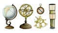 Sea nautical navigation instruments watercolor illustration set with astrolabe, globe, sextant, compass and spyglass