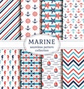 Sea and nautical seamless patterns set. Royalty Free Stock Photo