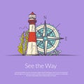 Sea navigation lighthouse and wind rose Royalty Free Stock Photo