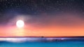 Sea at night .starry sky. full moon .pink sunset on blue wave reflection .ocean skyline at horizon .nature  background Royalty Free Stock Photo