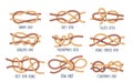 Sea Nodes Vector Set. Granny, Fisherman, Surgeons or Bow Knot, Sheet or Double Carrick Bend, Tillers or Midshipman Hitch