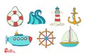 Sea object. Ocean set. Marine icon. Anchor, steering wheel and life ring. Illustrations of a lighthouse, a sailboat and Royalty Free Stock Photo