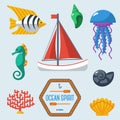 Sea objects collection. Vector illustration. Royalty Free Stock Photo