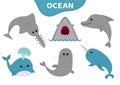 Sea ocean animal fauna icon set. Blue whale, sawshark, dolphin, narwhal, seal. Saw shark fish. Water inhabitant. Cute cartoon baby Royalty Free Stock Photo