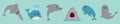 Sea ocean animal fauna icon set line. Blue whale, sawshark, dolphin, narwhal, seal. Saw shark fish. Water inhabitant. Cute cartoon Royalty Free Stock Photo
