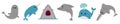 Sea ocean animal fauna icon set line. Blue whale, sawshark, dolphin, narwhal, seal. Saw shark fish. Water inhabitant. Cute cartoon
