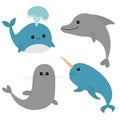 Sea ocean animal fauna set. Blue whale, dolphin, narwhal, seal. Big fish. Water inhabitant. Cute cartoon baby character collection