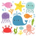 Sea and ocean animal set. Fish, jellyfish, octopus, whale, crab, algae, seaweed, water bubble, shell, stone. Childish style.