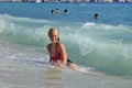 Sea Ocean Big Wave Girl Beautiful Summer Swims in Swimsuit Royalty Free Stock Photo